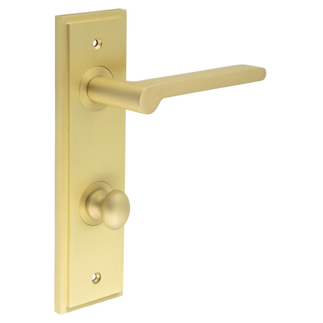 High quality image of Burlington - Fitzrovia Door Handle Din Bathroom Backplate Satin Brass & Turn & Release Sku. BUR-15SB-456SB-80SB