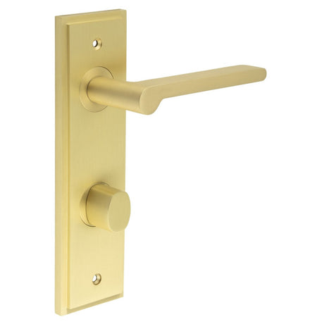 This is an image showing the Frelan - Fitzrovia Door Handle Din Bathroom Backplate Satin Brass & Turn & Release available to order from Trade Door Handles in Kendal