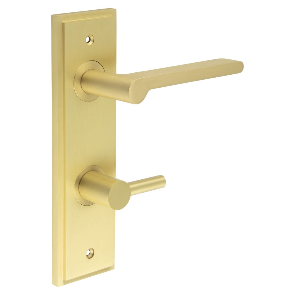 This is an image showing the Frelan - Fitzrovia Door Handle Din Bathroom Backplate Satin Brass & Turn & Release available to order from Trade Door Handles in Kendal