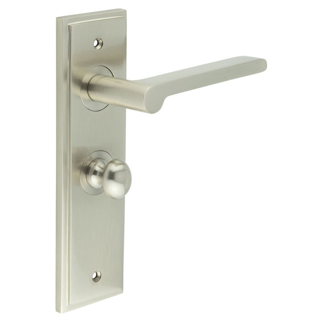 High quality image of Burlington - Fitzrovia Door Handle Bathroom Backplate Satin Nickel & Turn & Release Sku. BUR-15SN-453SN-80SN