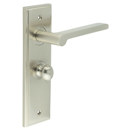 This is an image showing the Frelan - Fitzrovia Door Handle Bathroom Backplate Satin Nickel & Turn & Release available to order from Trade Door Handles in Kendal