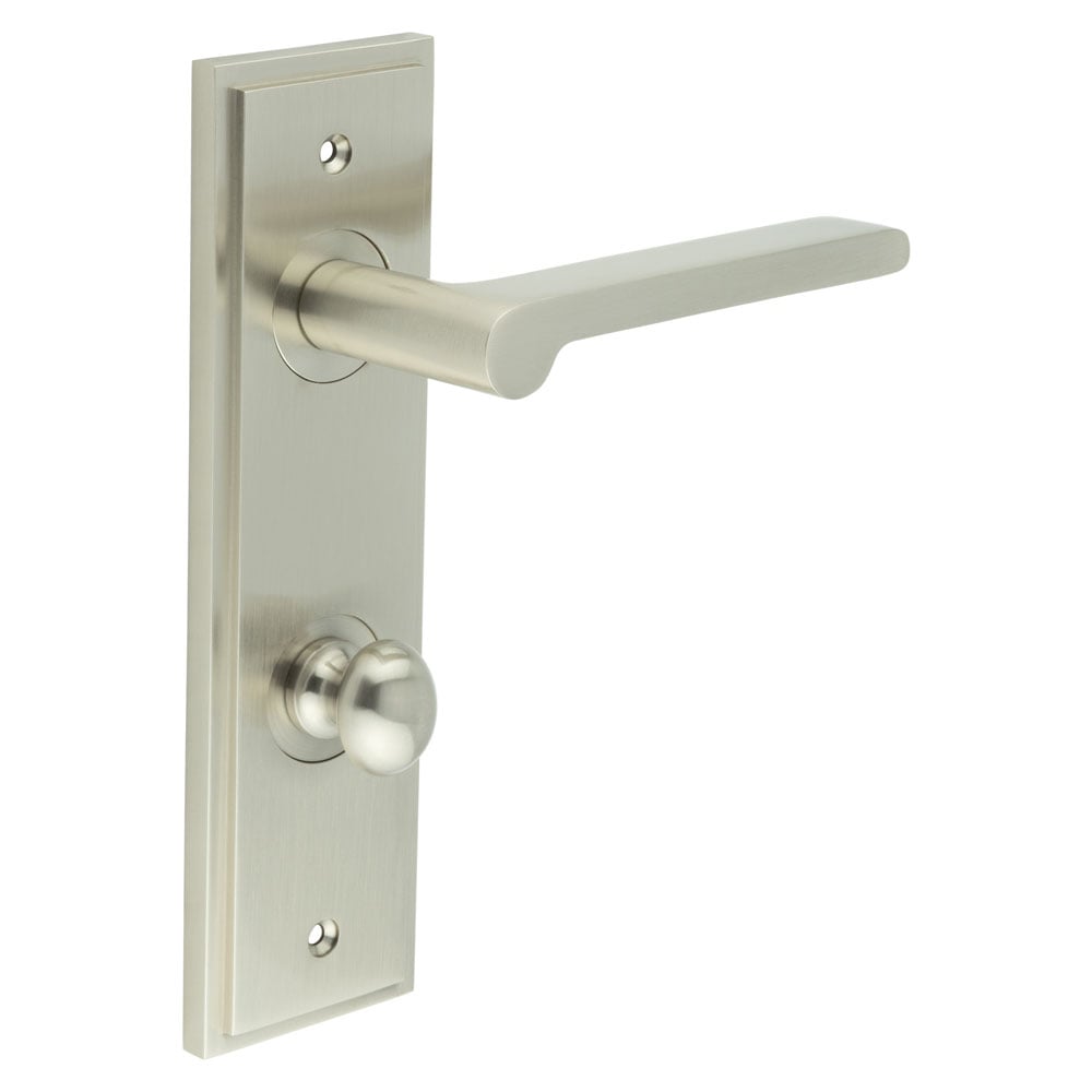 This is an image showing the Frelan - Fitzrovia Door Handle Din Bathroom Backplate Satin Nickel & Turn & Release available to order from Trade Door Handles in Kendal