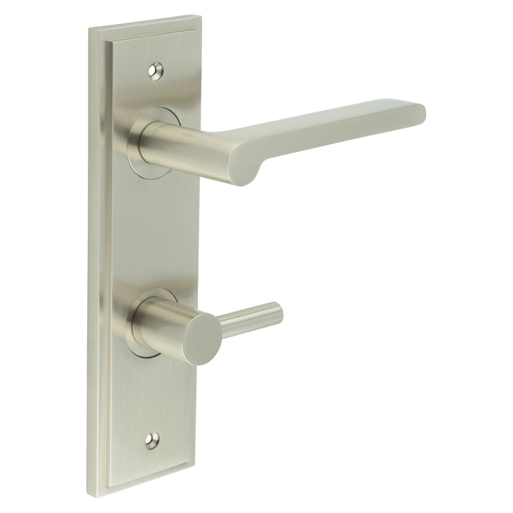 This is an image showing the Frelan - Fitzrovia Door Handle Din Bathroom Backplate Satin Nickel & Turn & Release available to order from Trade Door Handles in Kendal