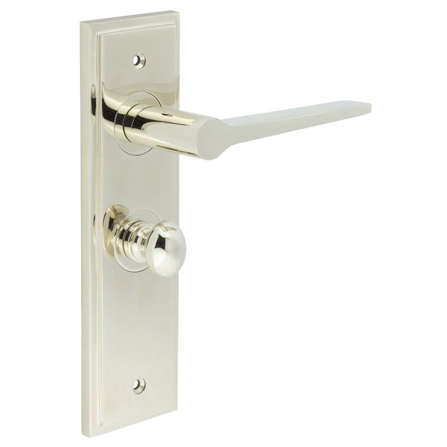 This is an image showing the Frelan - Knightsbridge Door Handle Bathroom Backplate Polished Nickel & Turn & Release available to order from Trade Door Handles in Kendal