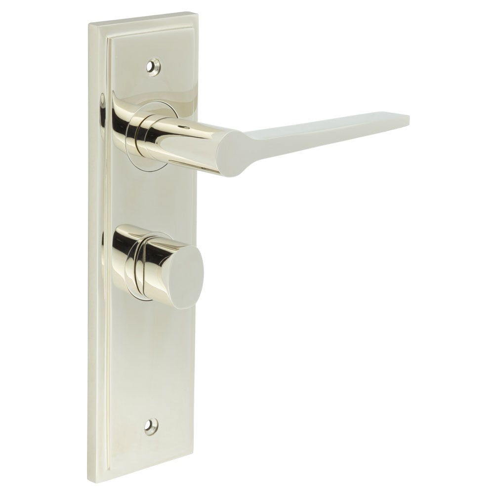 This is an image showing the Frelan - Knightsbridge Door Handle Bathroom Backplate Polished Nickel & Turn & Release available to order from Trade Door Handles in Kendal