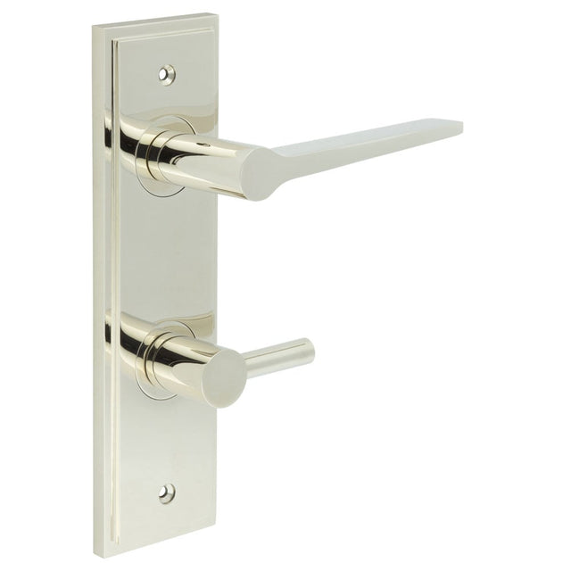 This is an image showing the Frelan - Knightsbridge Door Handle Din Bathroom Backplate Polished Nickel & Turn & Release available to order from Trade Door Handles in Kendal