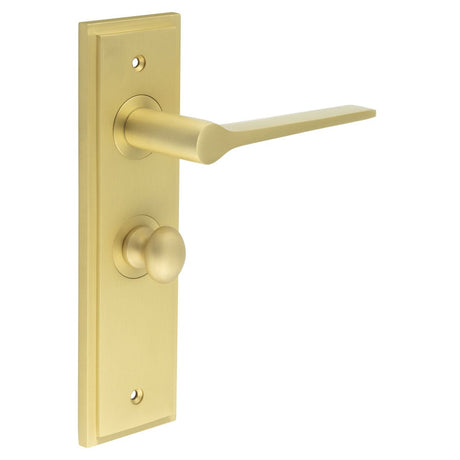 This is an image showing the Frelan - Knightsbridge Door Handle Bathroom Backplate Satin Brass & Turn & Release available to order from Trade Door Handles in Kendal