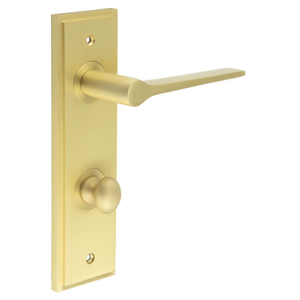 High quality image of Burlington - Knightsbridge Door Handle Din Bathroom Backplate Satin Brass & Turn & Release Sku. BUR-20SB-456SB-80SB