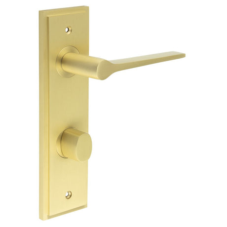 This is an image showing the Frelan - Knightsbridge Door Handle Din Bathroom Backplate Satin Brass & Turn & Release available to order from Trade Door Handles in Kendal