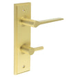 This is an image showing the Frelan - Knightsbridge Door Handle Din Bathroom Backplate Satin Brass & Turn & Release available to order from Trade Door Handles in Kendal