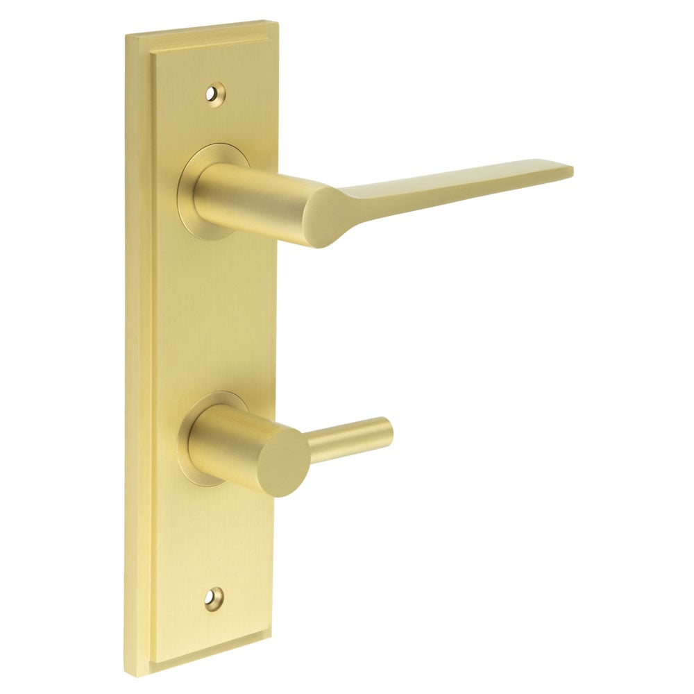 This is an image showing the Frelan - Knightsbridge Door Handle Din Bathroom Backplate Satin Brass & Turn & Release available to order from Trade Door Handles in Kendal