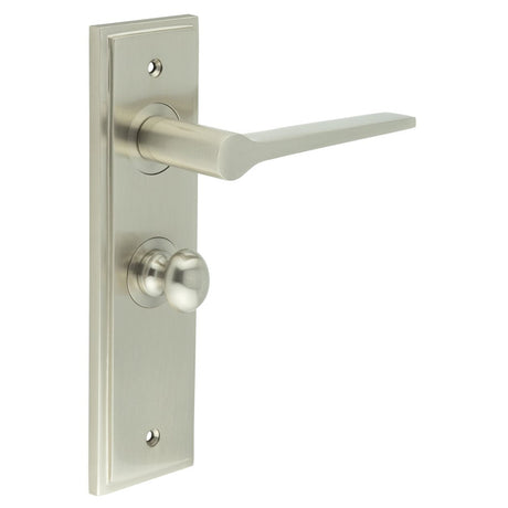 This is an image showing the Frelan - Knightsbridge Door Handle Bathroom Backplate Satin Nickel & Turn & Release available to order from Trade Door Handles in Kendal