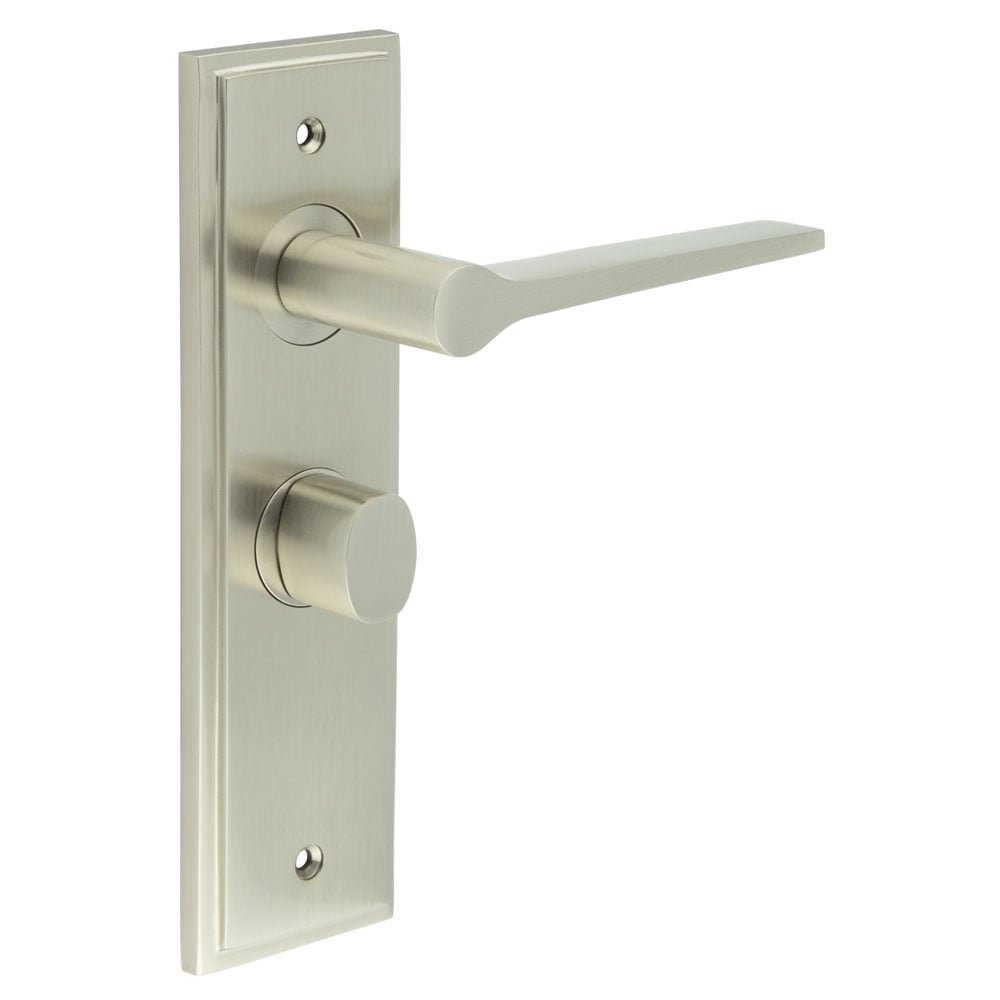 This is an image showing the Frelan - Knightsbridge Door Handle Bathroom Backplate Satin Nickel & Turn & Release available to order from Trade Door Handles in Kendal