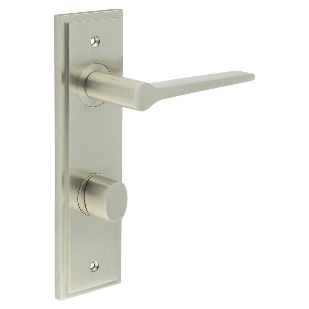 This is an image showing the Frelan - Knightsbridge Door Handle Din Bathroom Backplate Satin Nickel & Turn & Release available to order from Trade Door Handles in Kendal