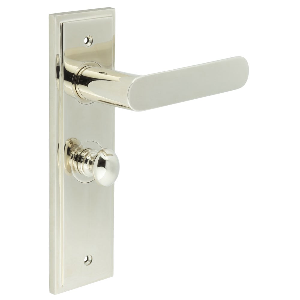 This is an image showing the Frelan - Kensington Door Handle Bathroom Backplate Polished Nickel & Turn & Release available to order from Trade Door Handles in Kendal