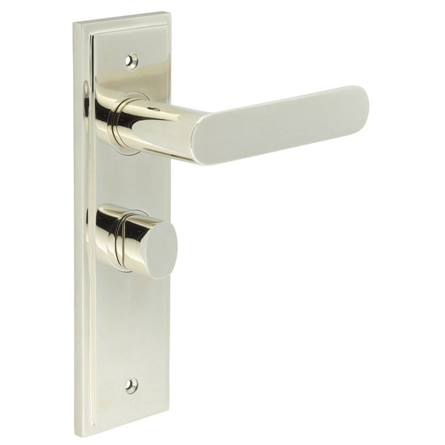 This is an image showing the Frelan - Kensington Door Handle Bathroom Backplate Polished Nickel & Turn & Release available to order from Trade Door Handles in Kendal