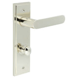 High quality image of Burlington - Kensington Door Handle Din Bathroom Backplate Polished Nickel & Turn & Release Sku. BUR-25PN-456PN-80PN