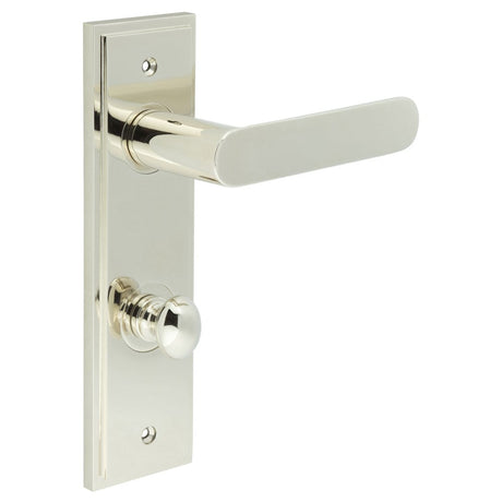 This is an image showing the Frelan - Kensington Door Handle Din Bathroom Backplate Polished Nickel & Turn & Release available to order from Trade Door Handles in Kendal