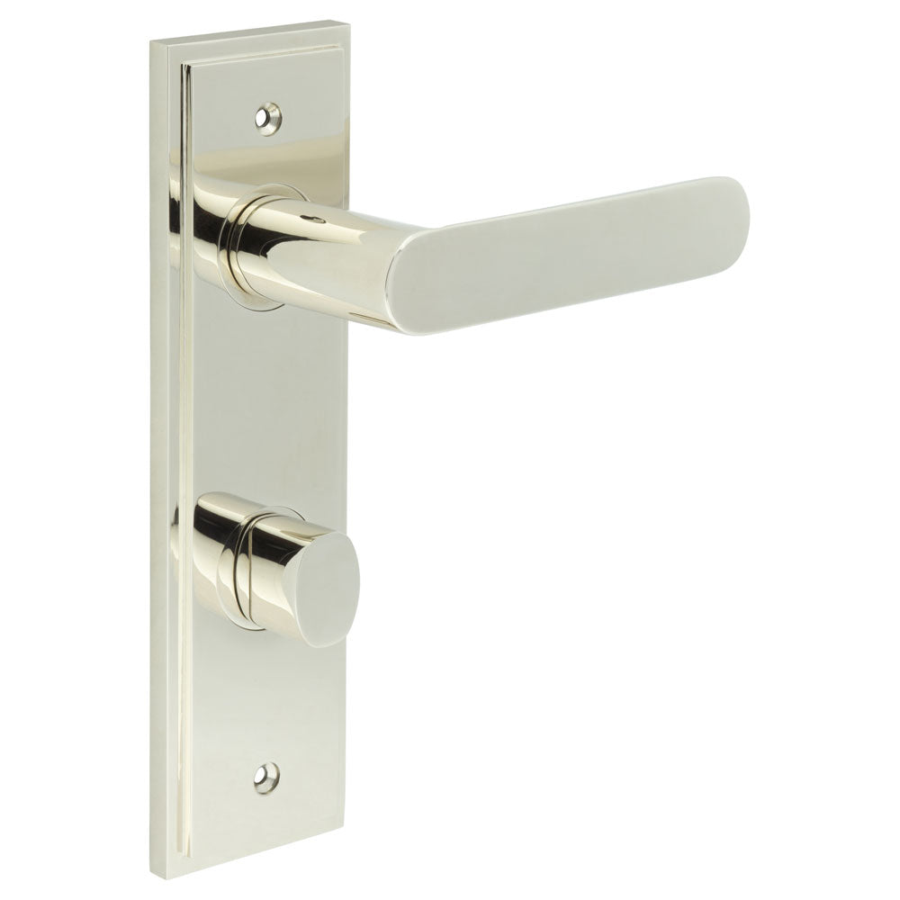 High quality image of Burlington - Kensington Door Handle Din Bathroom Backplate Polished Nickel & Turn & Release Sku. BUR-25PN-456PN-81PN