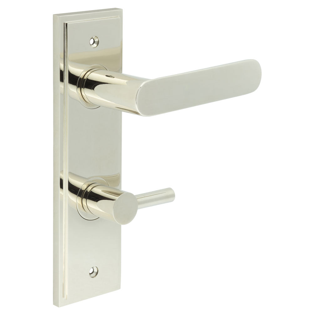 High quality image of Burlington - Kensington Door Handle Din Bathroom Backplate Polished Nickel & Turn & Release Sku. BUR-25PN-456PN-82PN