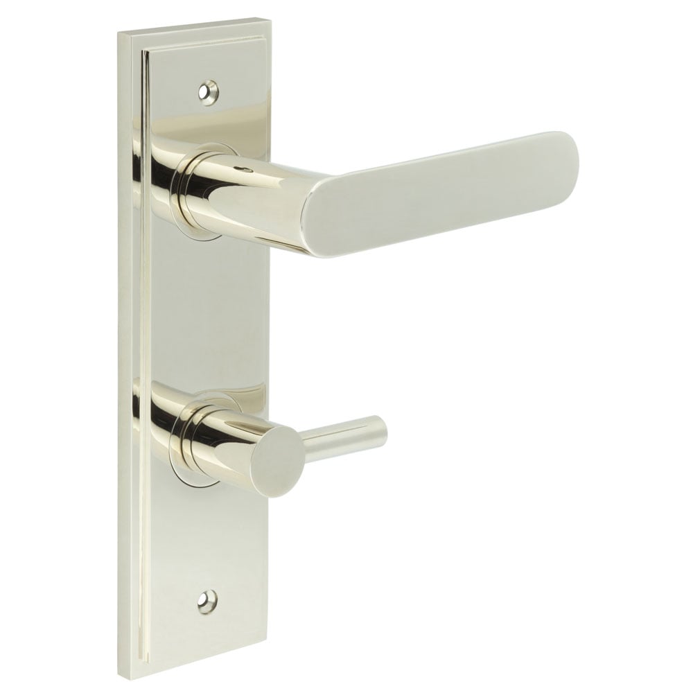 This is an image showing the Frelan - Kensington Door Handle Din Bathroom Backplate Polished Nickel & Turn & Release available to order from Trade Door Handles in Kendal