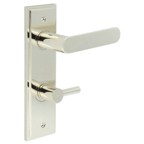 This is an image showing the Frelan - Kensington Door Handle Din Bathroom Backplate Polished Nickel & Turn & Release available to order from Trade Door Handles in Kendal