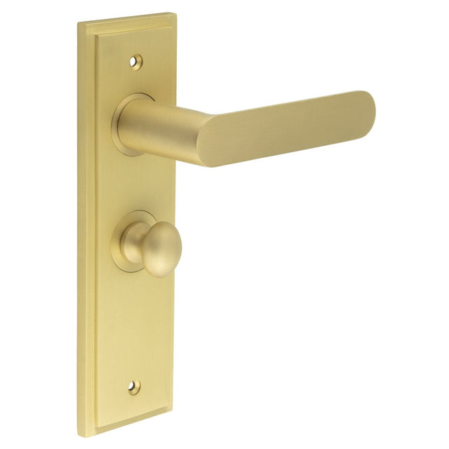 This is an image showing the Frelan - Kensington Door Handle Bathroom Backplate Satin Brass & Turn & Release available to order from Trade Door Handles in Kendal