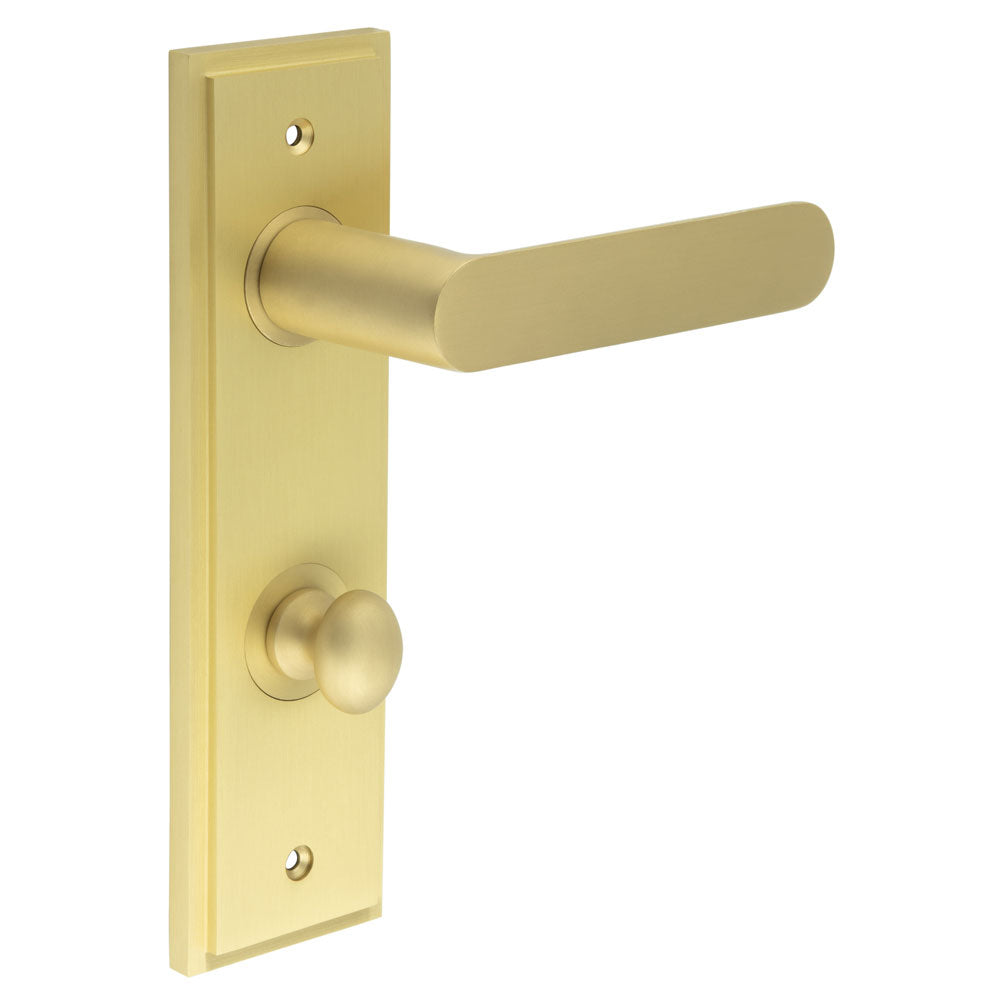High quality image of Burlington - Kensington Door Handle Din Bathroom Backplate Satin Brass & Turn & Release Sku. BUR-25SB-456SB-80SB