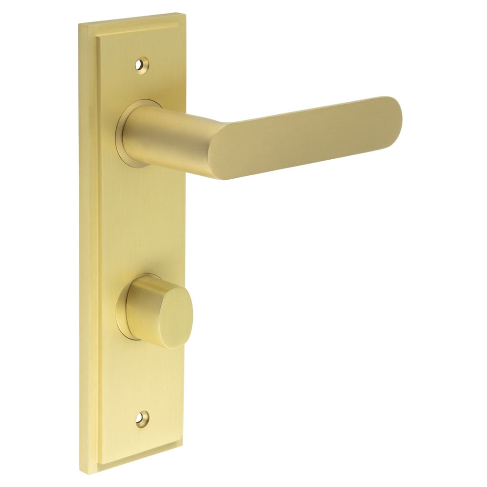 This is an image showing the Frelan - Kensington Door Handle Din Bathroom Backplate Satin Brass & Turn & Release available to order from Trade Door Handles in Kendal