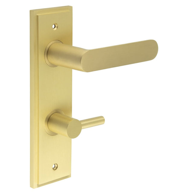 This is an image showing the Frelan - Kensington Door Handle Din Bathroom Backplate Satin Brass & Turn & Release available to order from Trade Door Handles in Kendal