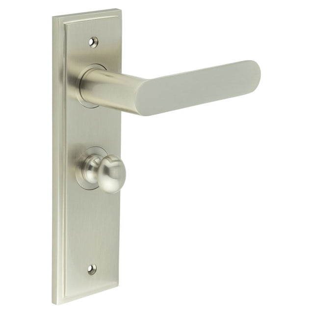 This is an image showing the Frelan - Kensington Door Handle Bathroom Backplate Satin Nickel & Turn & Release available to order from Trade Door Handles in Kendal