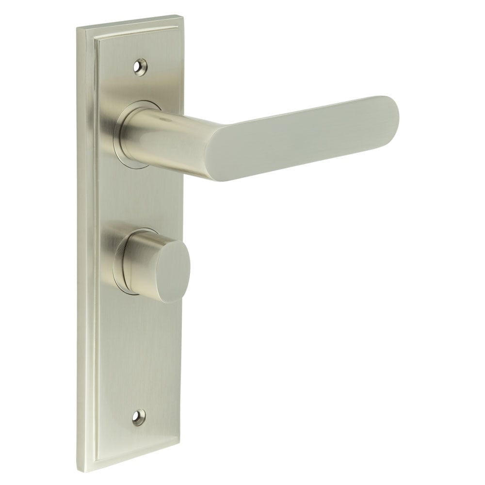 This is an image showing the Frelan - Kensington Door Handle Bathroom Backplate Satin Nickel & Turn & Release available to order from Trade Door Handles in Kendal