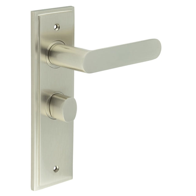 This is an image showing the Frelan - Kensington Door Handle Bathroom Backplate Satin Nickel & Turn & Release available to order from Trade Door Handles in Kendal