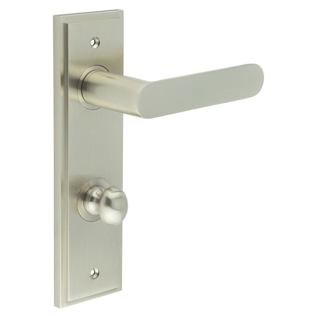 High quality image of Burlington - Kensington Door Handle Din Bathroom Backplate Satin Nickel & Turn & Release Sku. BUR-25SN-456SN-80SN