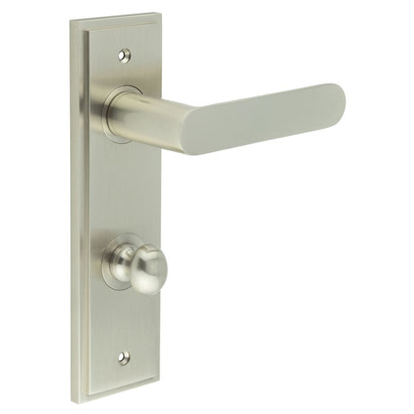 This is an image showing the Frelan - Kensington Door Handle Din Bathroom Backplate Satin Nickel & Turn & Release available to order from Trade Door Handles in Kendal