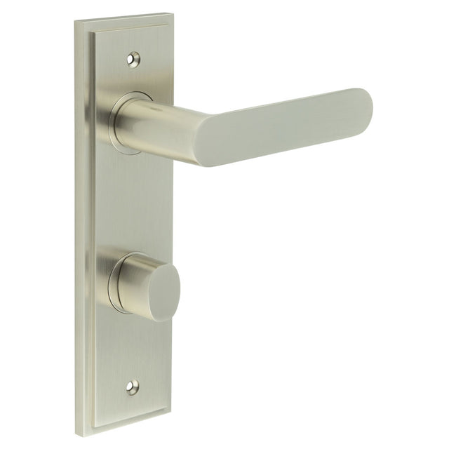 High quality image of Burlington - Kensington Door Handle Din Bathroom Backplate Satin Nickel & Turn & Release Sku. BUR-25SN-456SN-81SN