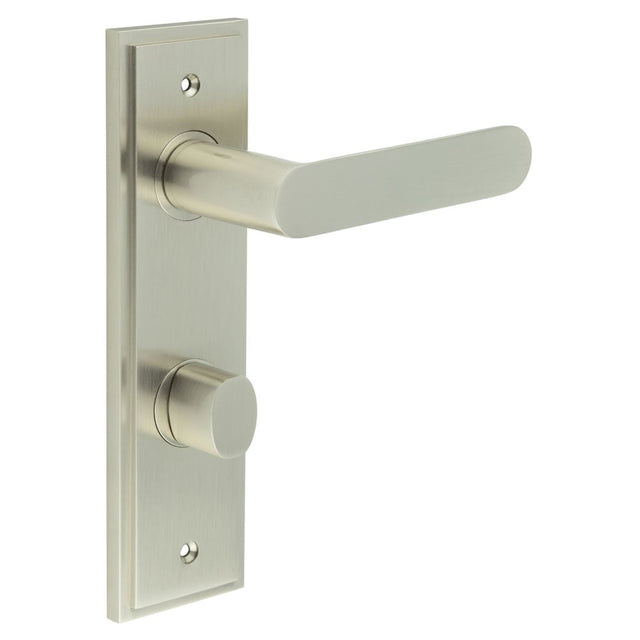 This is an image showing the Frelan - Kensington Door Handle Din Bathroom Backplate Satin Nickel & Turn & Release available to order from Trade Door Handles in Kendal