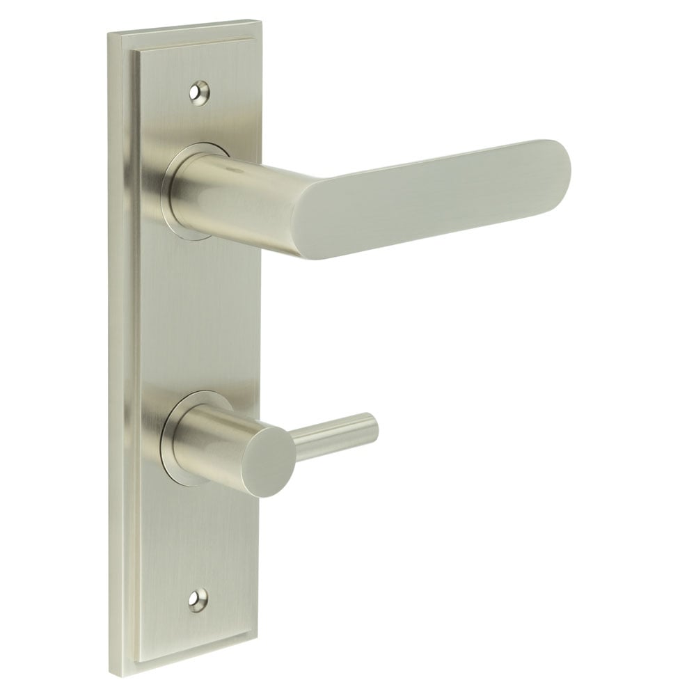 This is an image showing the Frelan - Kensington Door Handle Din Bathroom Backplate Satin Nickel & Turn & Release available to order from Trade Door Handles in Kendal