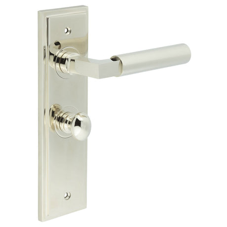 This is an image showing the Frelan - Westminster Door Handle Bathroom Backplate Polished Nickel & Turn & Release available to order from Trade Door Handles in Kendal