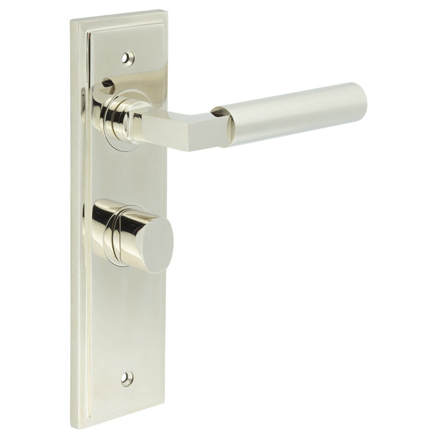 High quality image of Burlington - Westminster Door Handle Bathroom Backplate Polished Nickel & Turn & Release Sku. BUR-30PN-453PN-81PN