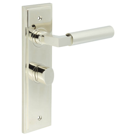 This is an image showing the Frelan - Westminster Door Handle Bathroom Backplate Polished Nickel & Turn & Release available to order from Trade Door Handles in Kendal