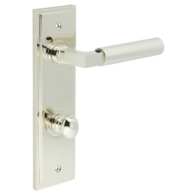 This is an image showing the Frelan - Westminster Door Handle Din Bathroom Backplate Polished Nickel & Turn & Release available to order from Trade Door Handles in Kendal