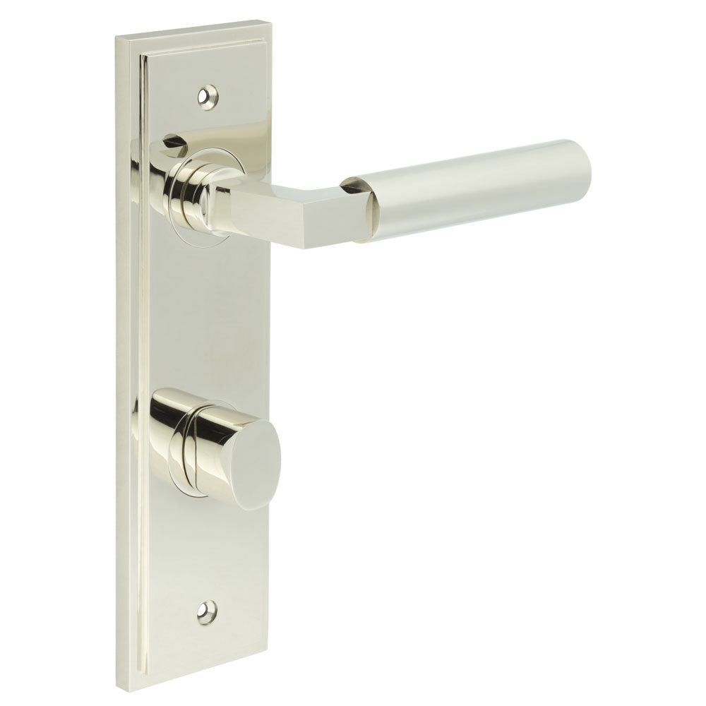 High quality image of Burlington - Westminster Door Handle Din Bathroom Backplate Polished Nickel & Turn & Release Sku. BUR-30PN-456PN-81PN