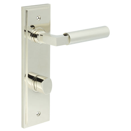 High quality image of Burlington - Westminster Door Handle Din Bathroom Backplate Polished Nickel & Turn & Release Sku. BUR-30PN-456PN-81PN
