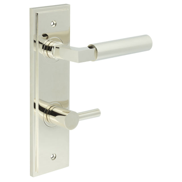 High quality image of Burlington - Westminster Door Handle Din Bathroom Backplate Polished Nickel & Turn & Release Sku. BUR-30PN-456PN-82PN