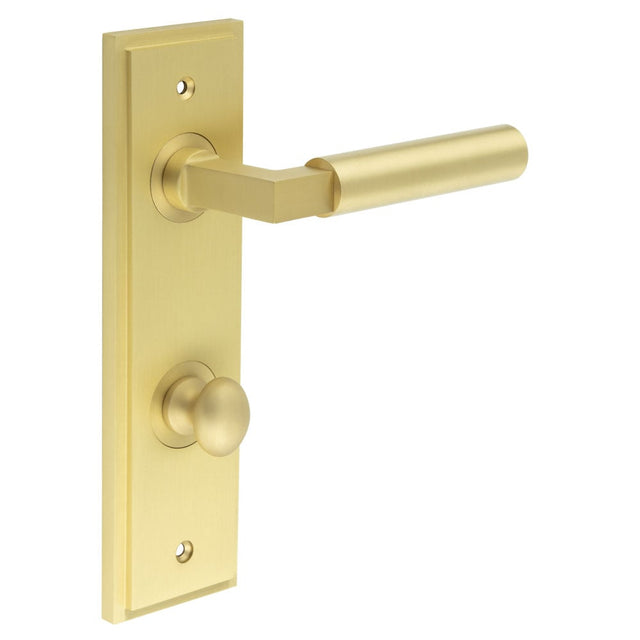 This is an image showing the Frelan - Westminster Door Handle Din Bathroom Backplate Satin Brass & Turn & Release available to order from Trade Door Handles in Kendal