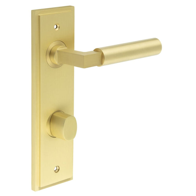 This is an image showing the Frelan - Westminster Door Handle Din Bathroom Backplate Satin Brass & Turn & Release available to order from Trade Door Handles in Kendal