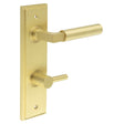 This is an image showing the Frelan - Westminster Door Handle Din Bathroom Backplate Satin Brass & Turn & Release available to order from Trade Door Handles in Kendal