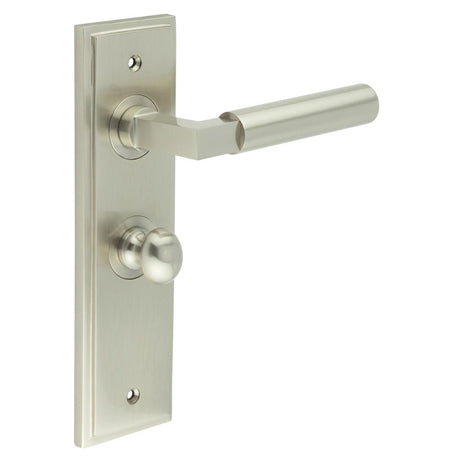 This is an image showing the Frelan - Westminster Door Handle Bathroom Backplate Satin Nickel & Turn & Release available to order from Trade Door Handles in Kendal