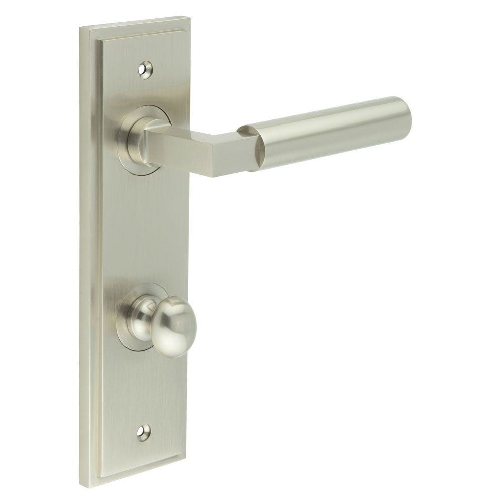 High quality image of Burlington - Westminster Door Handle Din Bathroom Backplate Satin Nickel & Turn & Release Sku. BUR-30SN-456SN-80SN